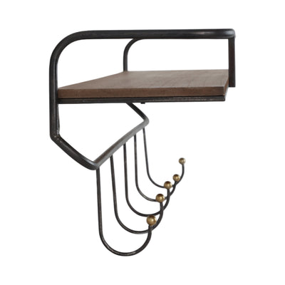 METAL/ WOOD, 24.25" 5 HOOK WALL SHELF/ BROWN