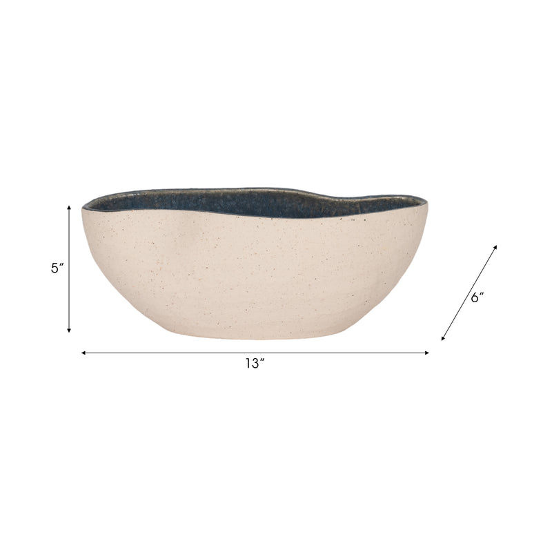 13" Reactive Curvy Oval Bowl, Blue/white