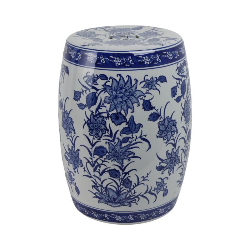 Cer,18" Pinwheel Flower Chinoiserie Stool,blu/wht