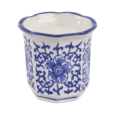 4", 6oz Fluted Chinoiserie Candle , Blue/white