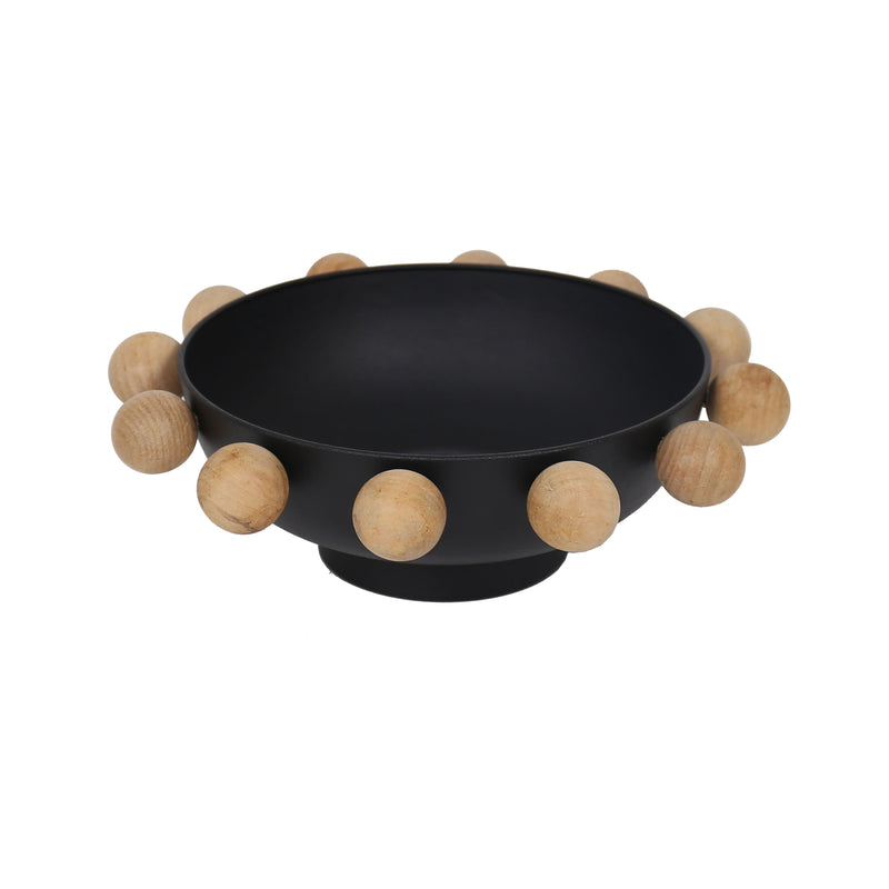 13" Bowl With Large Wooden Knobs, Black