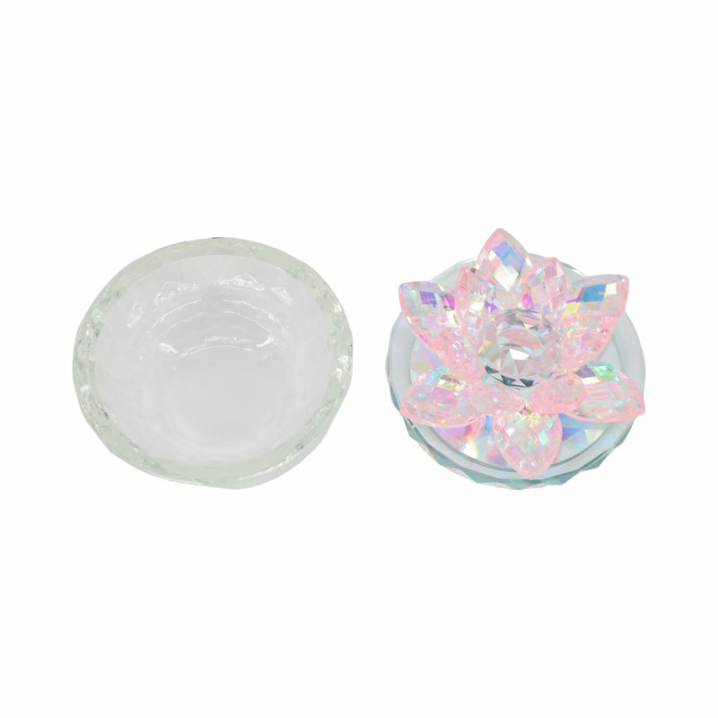 GLASS TRINKET BOX CLEAR W/BLUSH LOTUS TOP