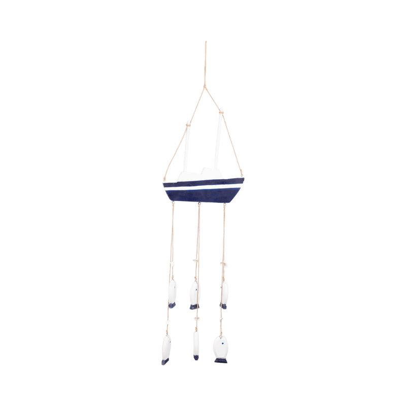 WOOD, 30" SAILBOAT W/ HANGING FISH, MULTI