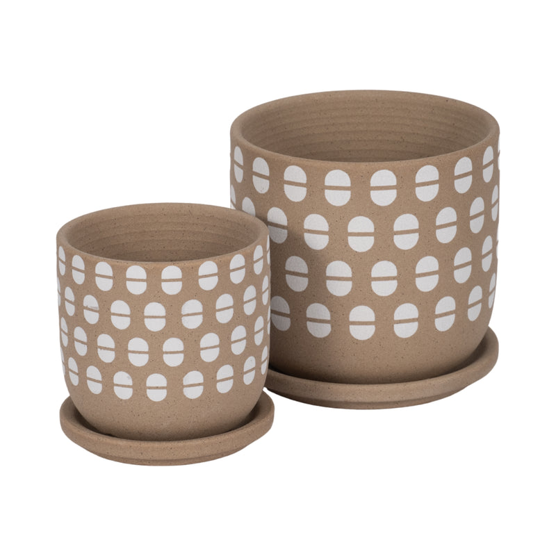 S/2 5/6" Hand Stamped Saucer Planters, Tan/white