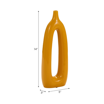 CER, 14"H OPEN CUT-OUT VASE, MUSTARD GOLD