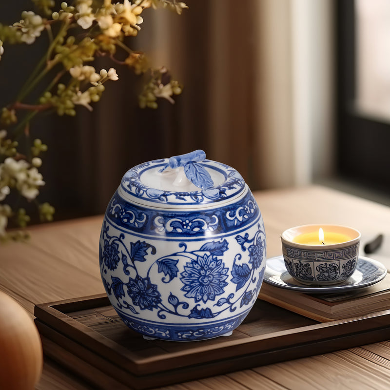 5" 8.5oz Peony Chinoiserie Lidded Candle, Blu/wht