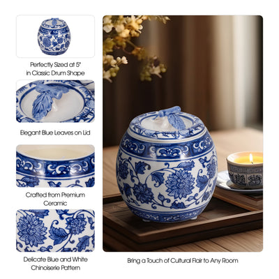 5" 8.5oz Peony Chinoiserie Lidded Candle, Blu/wht