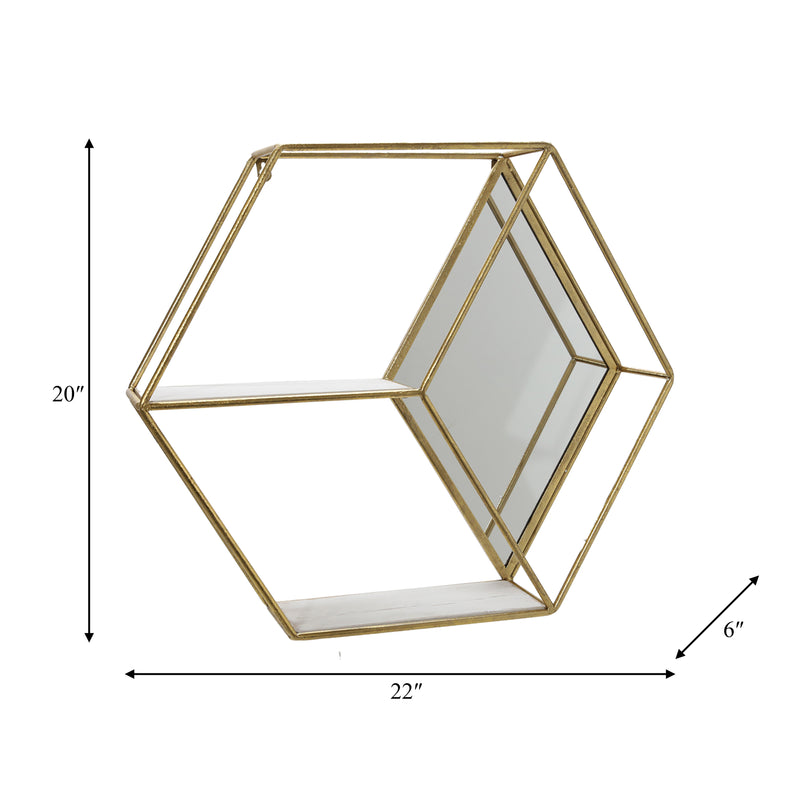 METAL/WOOD 20" HEXAGON MIRRORED WALL SHELF, GOLD