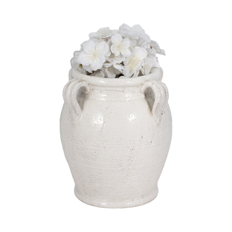 9" Terracotta Vase With Handles, White Crackle