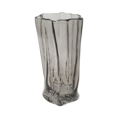 GLASS, 9" PAPER BAG VASE, SMOKE