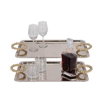 Metal, S/2 23/28" Trays With Beaded Handles,silver