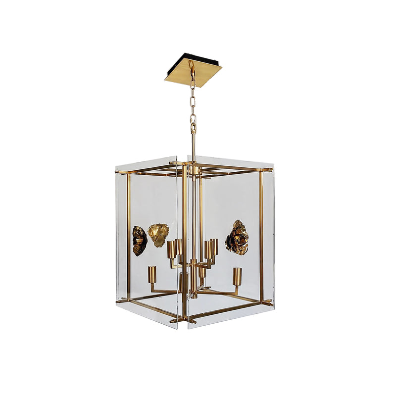 GLASS BLOCK 4 LIGHT CHANDELIER WITH METAL GOLD FLO