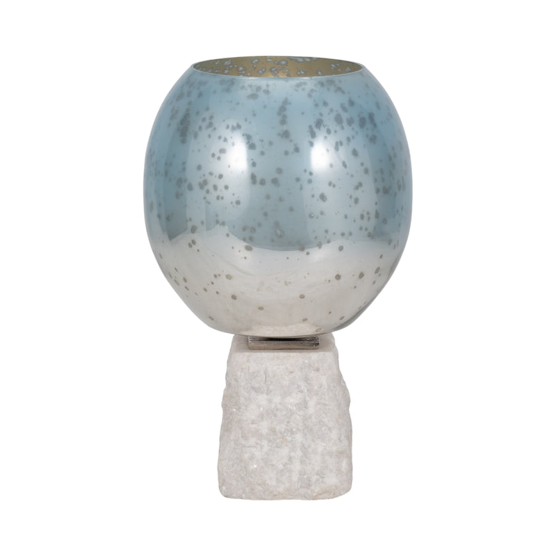 Glass, 13" Bowl Pillar Holder Marble Base, Aqua/wh