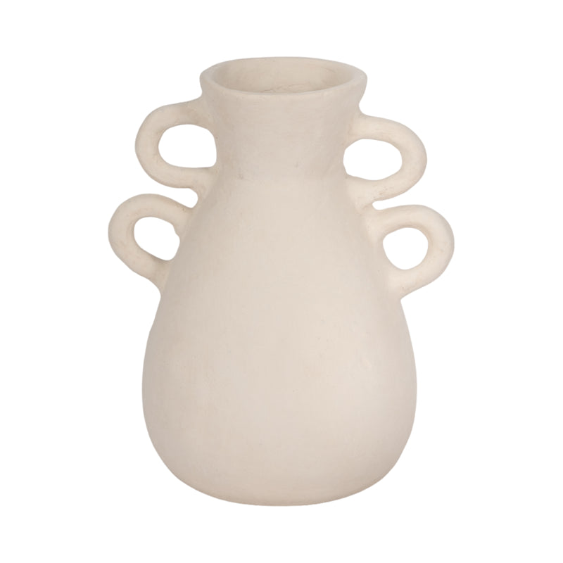 12" Vase With 4 Handles, Paper Mache, Ivory