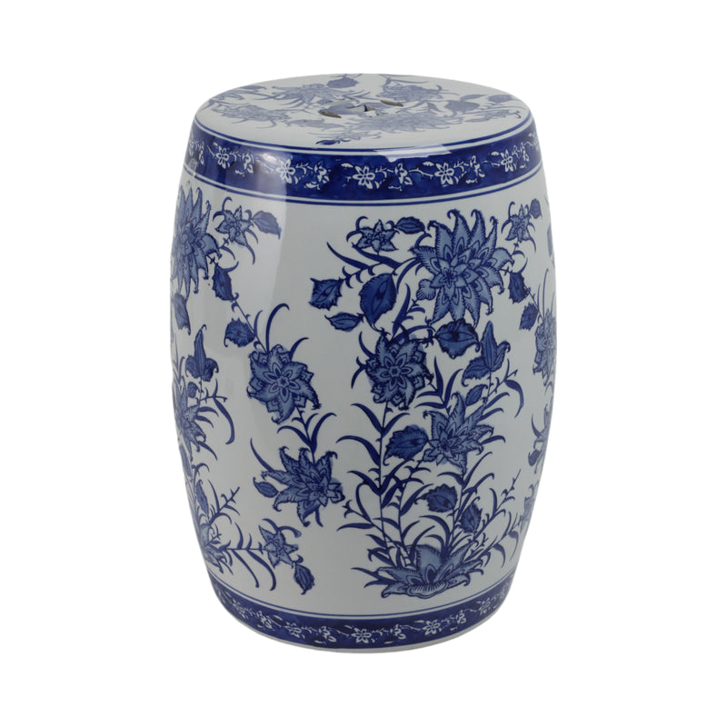 Cer,18" Pinwheel Flower Chinoiserie Stool,blu/wht