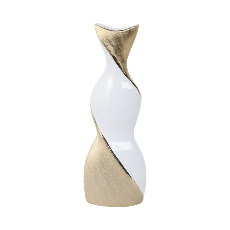 16" TWISTED VASE, WHITE/GOLD