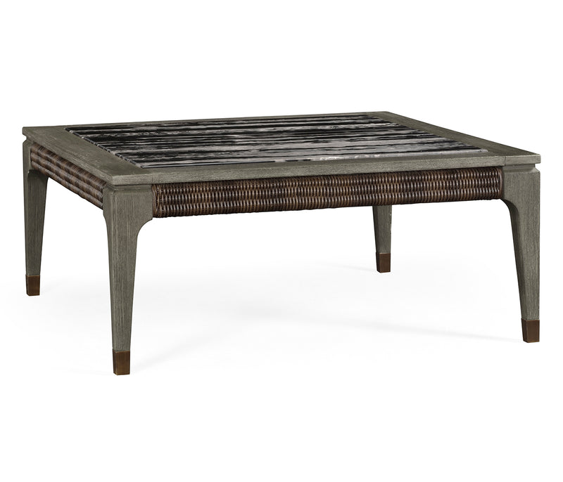 JC Outdoor - Hampton Collection - Square Grey & Rattan Coffee Table with a Black Marble Top