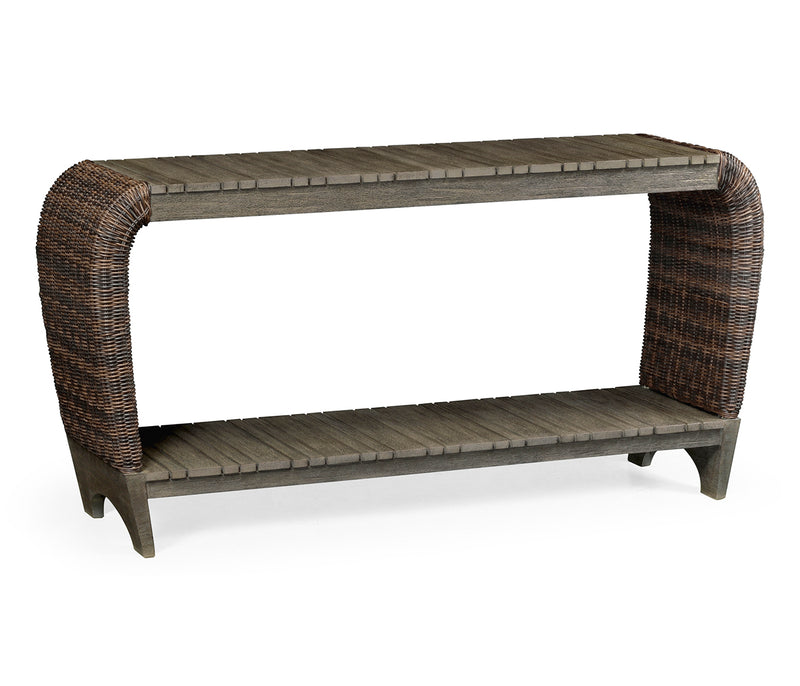 JC Outdoor - Hampton Collection - Rectangular Grey & Rattan Console Table with Curved Ends