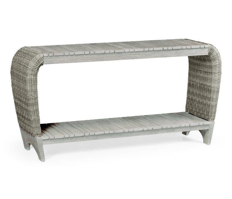 JC Outdoor - Hampton Collection - Rectangular Cloudy Grey & Rattan Console Table with Curved Ends