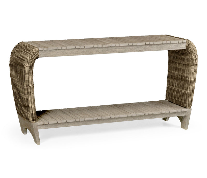 JC Outdoor - Hampton Collection - Rectangular Navajo Sand & Rattan Console Table with Curved Ends