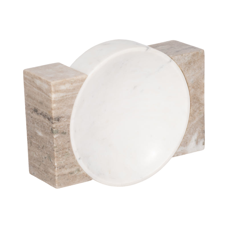 10" Marble Bowl With Onyx Marble Sides, White/tan