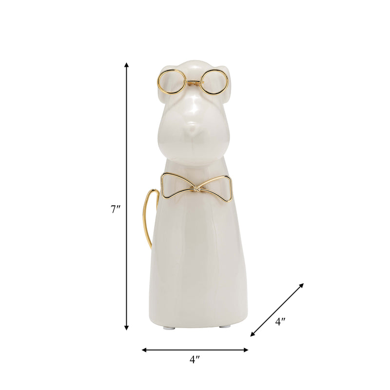 CER 7"H, PUPPY WITH GOLD GLASSES AND BOWTIE, WHT