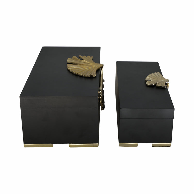 Metal, S/2 12/14" Black Gingko Boxes