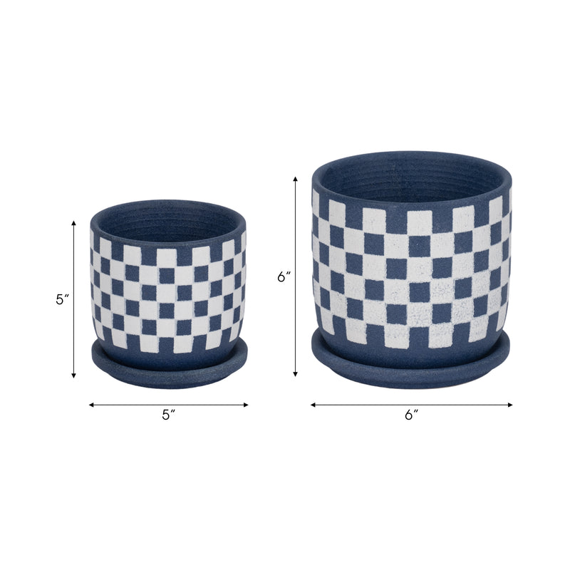 S/2 5/6" Checkerboard Saucer Planters, Blue/white