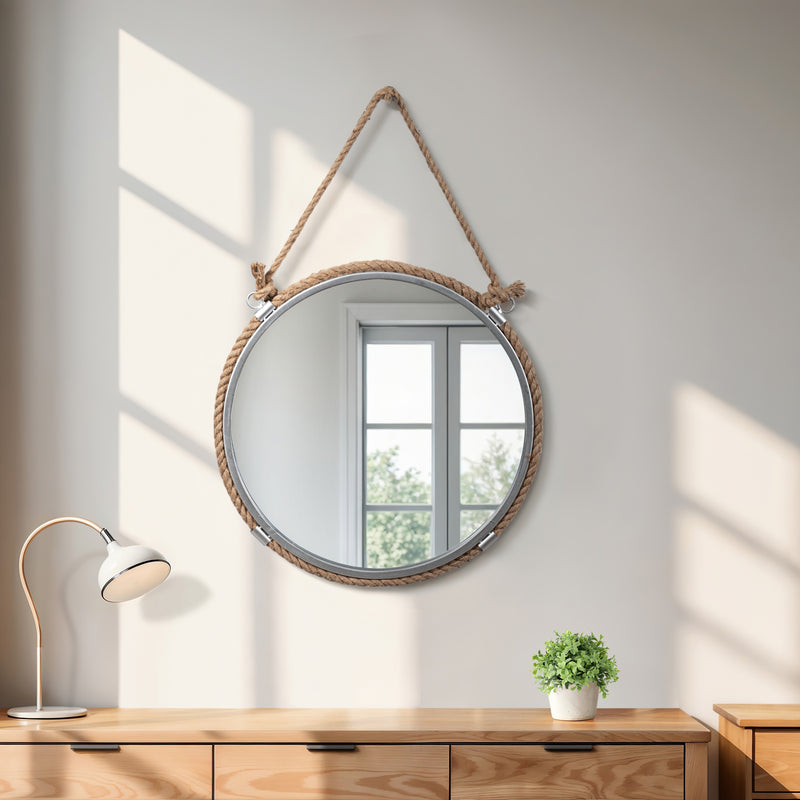 METAL 24" MIRROR WITH ROPE, SILVER/NATURAL