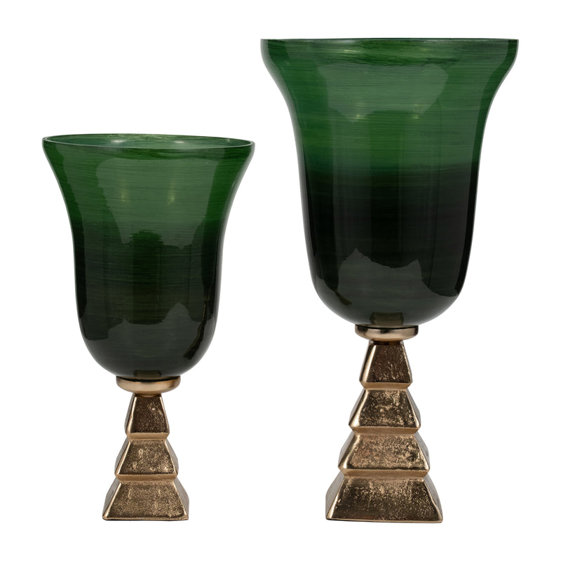 GLASS, 15" 5TH AVE VASE ON STAND, GREEN/GOLD