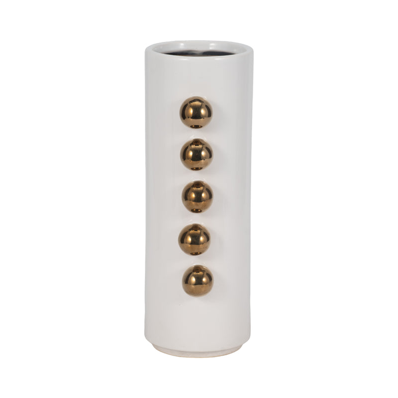 Cer, 13" Vase W/ Side Knobs, White/gold