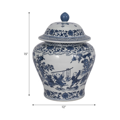 Cer, 15"h Blossoms Temple Jar, Blue