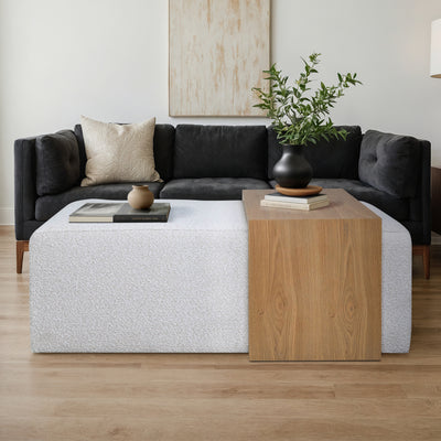 MODERN RECTANGULAR OTTOMA, WOOD ACCENT, IVORY