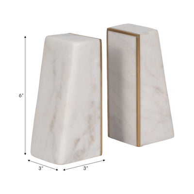 S/2 Marble 6"h Slanted Bookends W/gold Trim,white