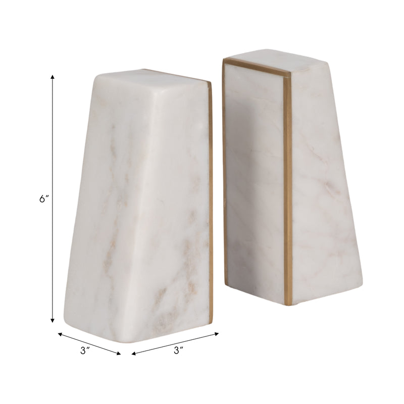 S/2 Marble 6"h Slanted Bookends W/gold Trim,white