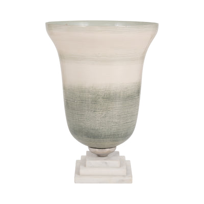 GLASS, 14" VASE ON MARBLE BASE, SAGE/IVORY KD