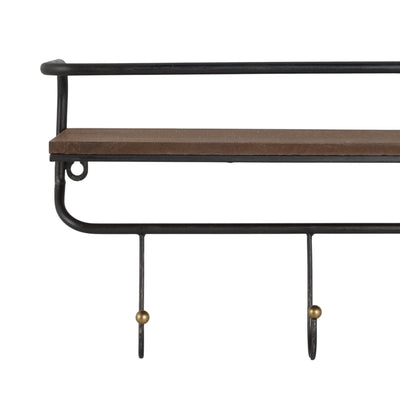 METAL/ WOOD, 24.25" 5 HOOK WALL SHELF/ BROWN