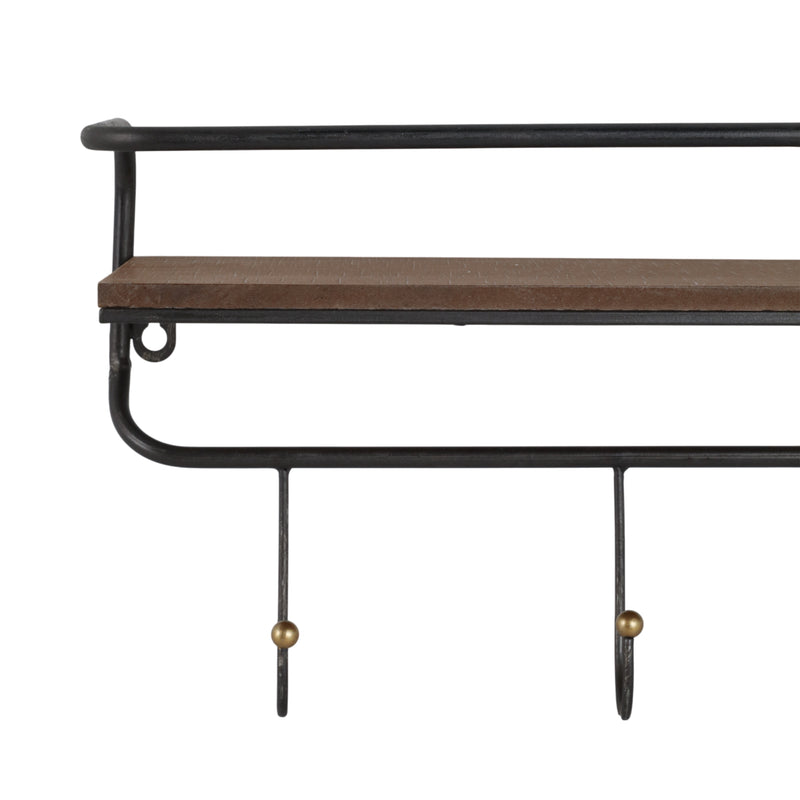 METAL/ WOOD, 24.25" 5 HOOK WALL SHELF/ BROWN