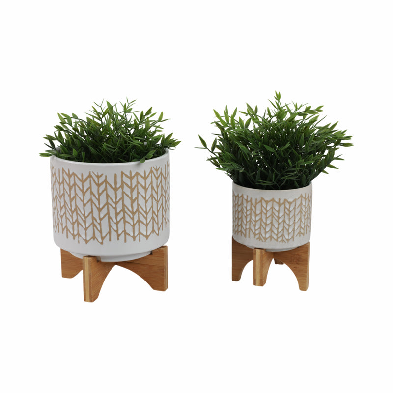 S/2 5/8" CHEVRON PLANTER W/ WOOD STAND, BEIGE