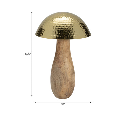 Metal, 16" Mushroom W/ Wood Base, Gold