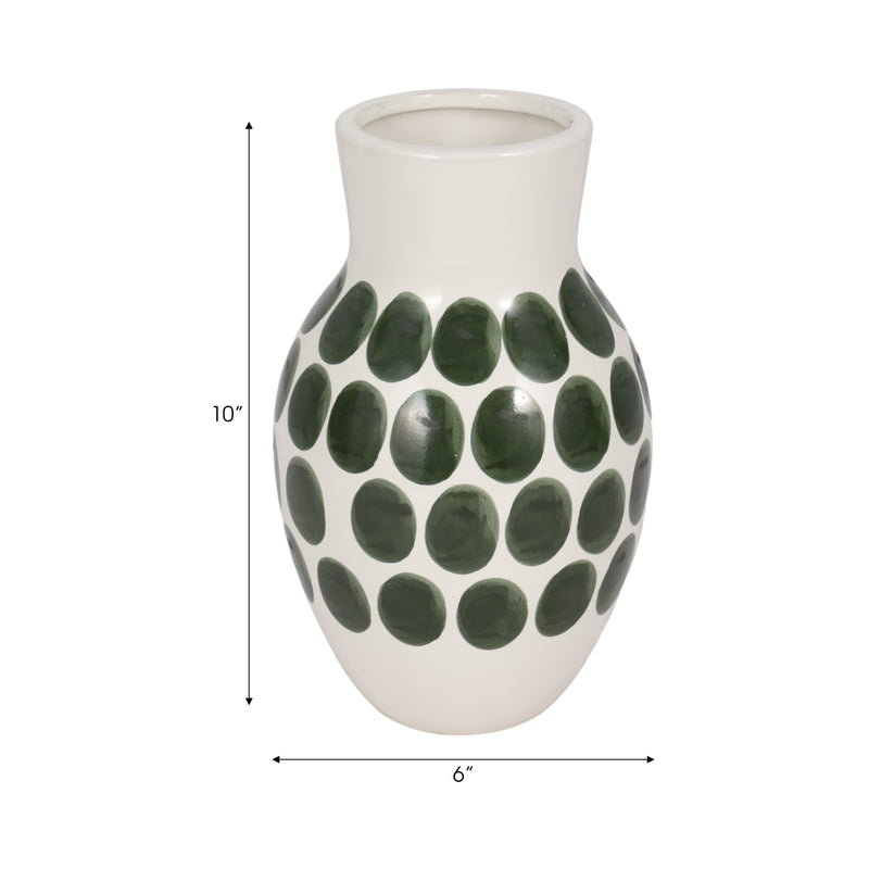 CER, 10"H FOREST GREEN POLK-A-DOT FLOWER VASE,WHT