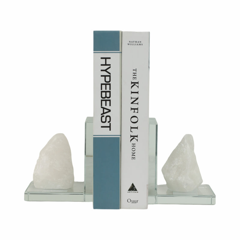 GLASS, S/2 5"H BOOKENDS WITH WHITE STONE, CLEAR