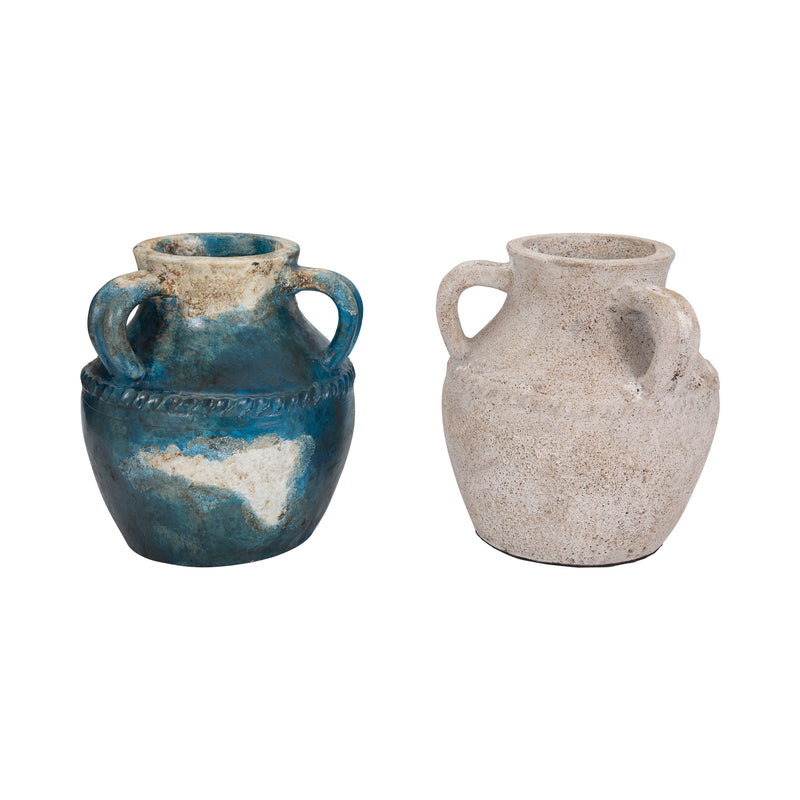 Terracotta, 10" Triple Handle Jug, Blue/ivory