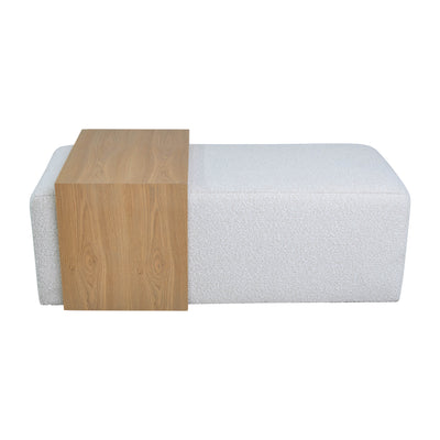 MODERN RECTANGULAR OTTOMA, WOOD ACCENT, IVORY