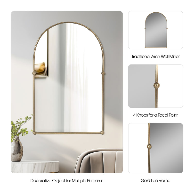 24x38 Arch Mirror With 4 Knobs, Gold