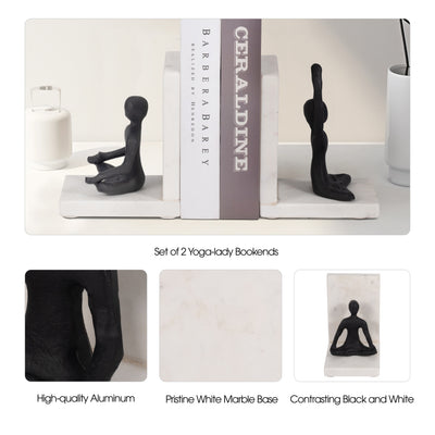 Metal, S/2 6" Yoga Ladies Bookends On Marble, Blk/