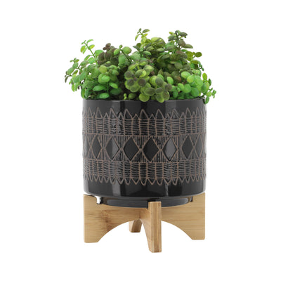 CER, S/2 5/8" AZTEC PLANTER ON WOODEN STAND, BLACK