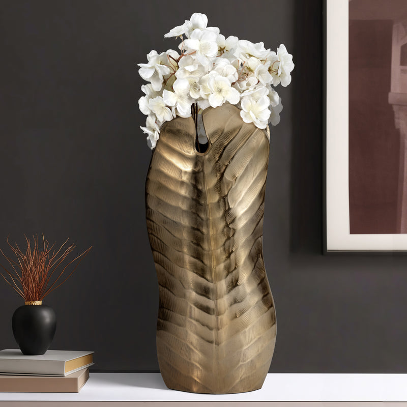 Metal, 16" Botanic Tall Leaf Vase, Gold