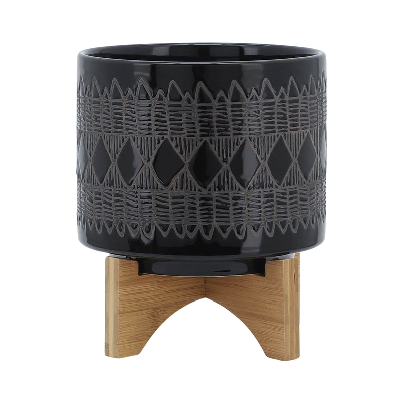 CERAMIC 8" AZTEC PLANTER ON WOODEN STAND, BLACK