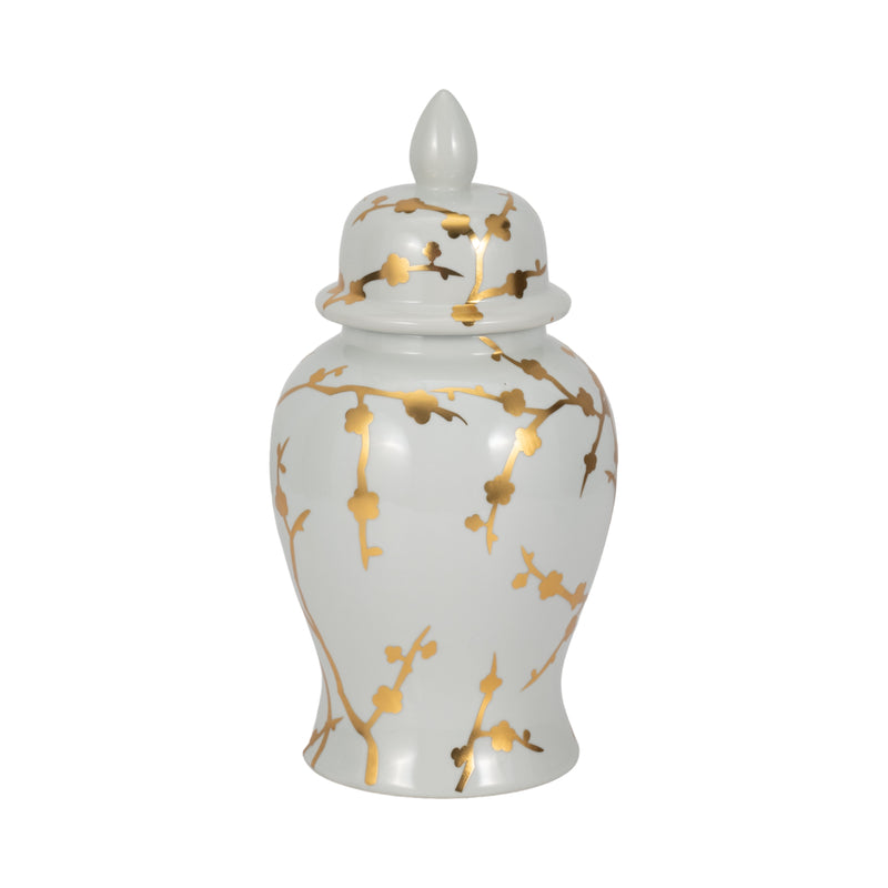 14" Gold Cherry Blossom Temple Jar, White